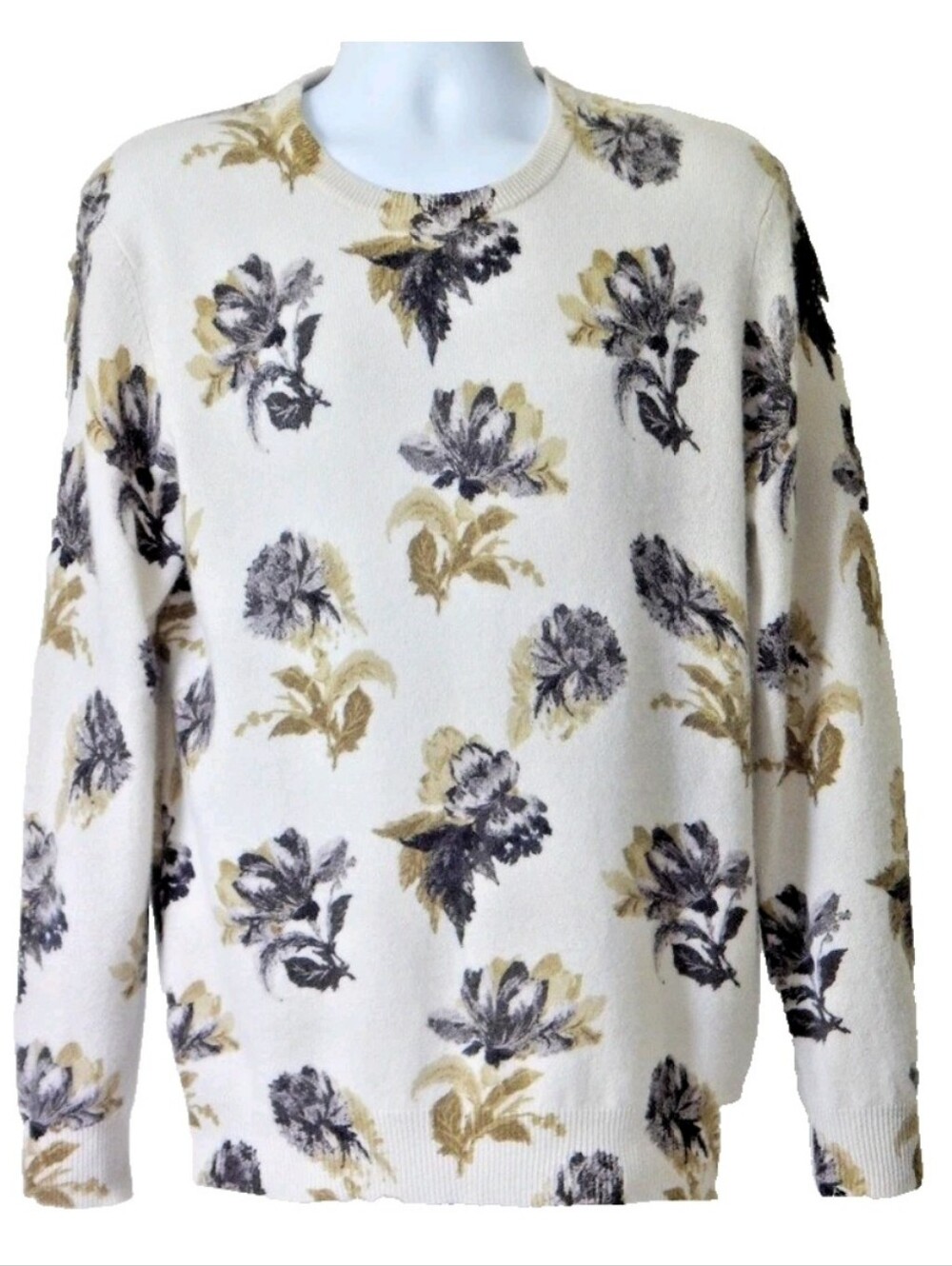 New Mens Club Room Luxury CASHMERE Sweater Cream Gray Khaki Floral Crew Neck XL
